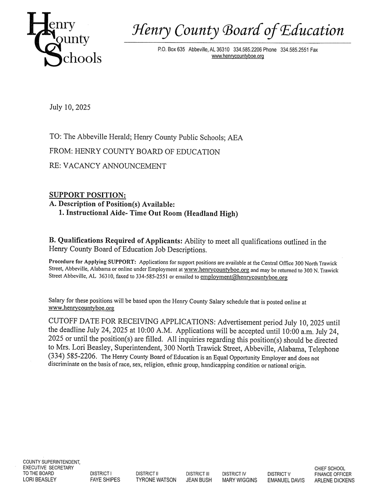 We a hiring Instructional Aide- Time Out Room HHS